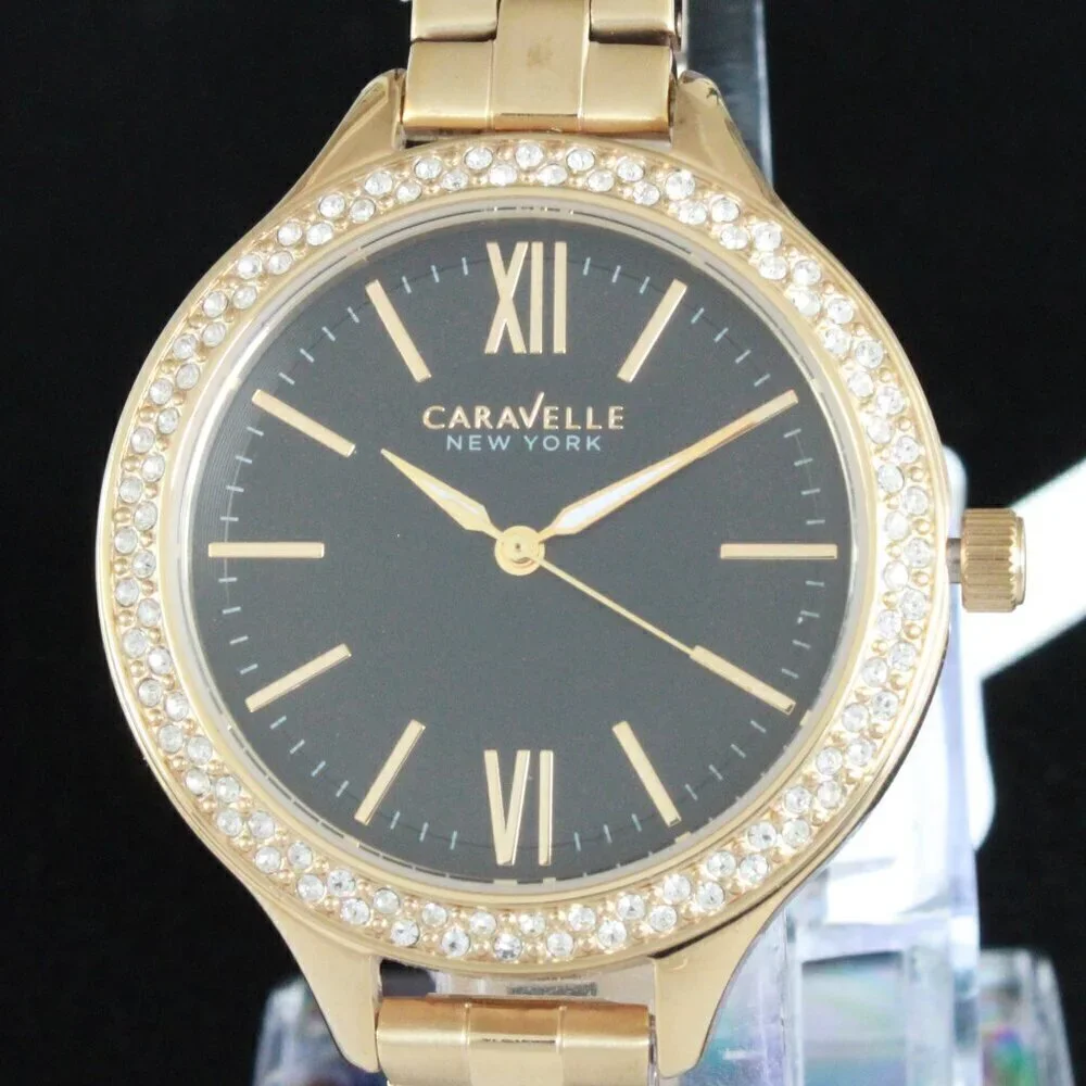 Caravelle New York Ladies Casual Watch Swarovski Crystal Bezel Gold Tone 37mm